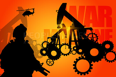 Buy stock photo Male, silhouette and drill for oil on background with overlay, armed forces and helicopter with war. Person, man or soldier with rifle for protection, security or power for mission for resources