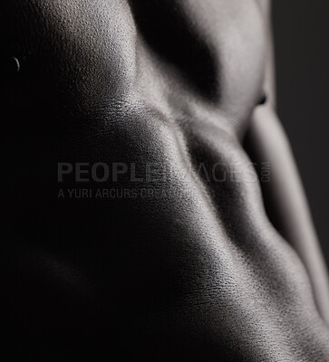 Buy stock photo Fitness, man and torso with closeup in studio for wellness, stomach and body on dark background. Person, muscle and bodybuilder with six pack and muscular, healthy lifestyle with muscles and topless
