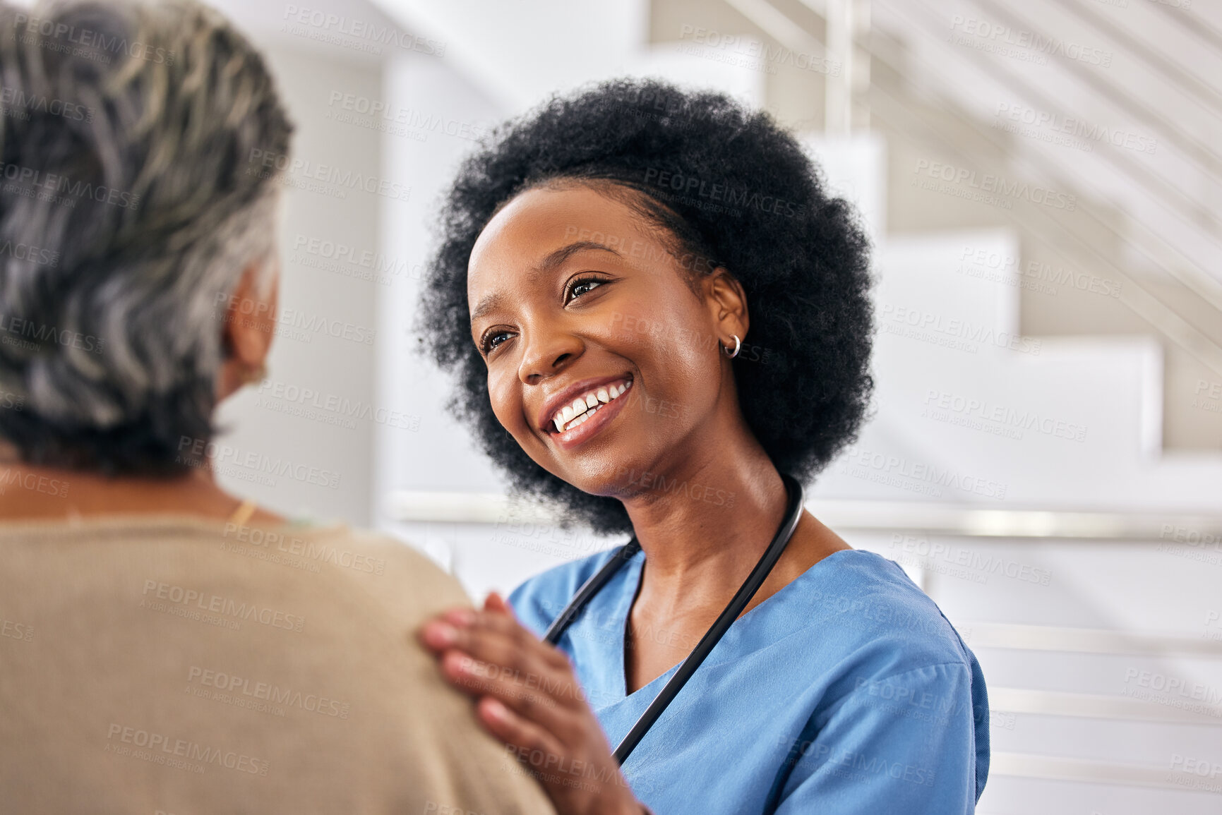 Buy stock photo Black woman nurse, senior patient and help at retirement home with elderly care, support and counseling. People sitting together, healthcare and wellness with advice, kindness and respect with trust