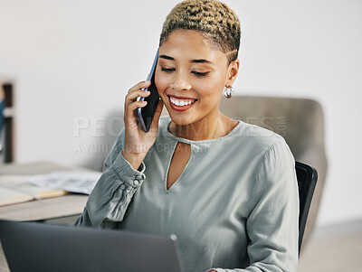 Buy stock photo Woman, phone call and programmer with connection, laptop and network with communication. Person, employee and trader with smartphone, worker and digital app with investment, savings and conversation
