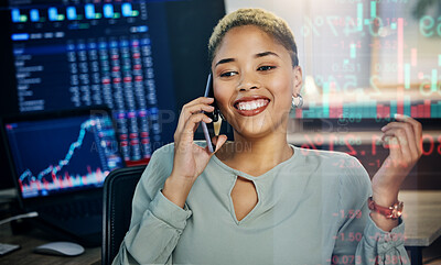 Buy stock photo Woman, phone with data overlay and smile at computer for crypto trading, networking and investment in cyber stocks. Nft, financial advisor or broker on cellphone for advice on profit, market or stats