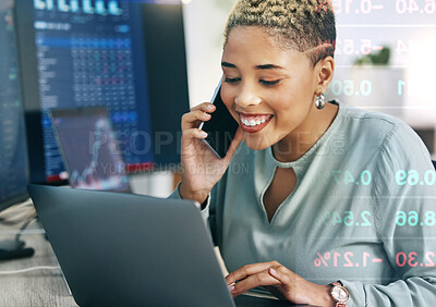 Buy stock photo Woman, phone with data overlay and laptop for cryptocurrency, networking and investment in cyber stocks. Nft, financial advisor or broker on cellphone for advice on profit, market and online trading.