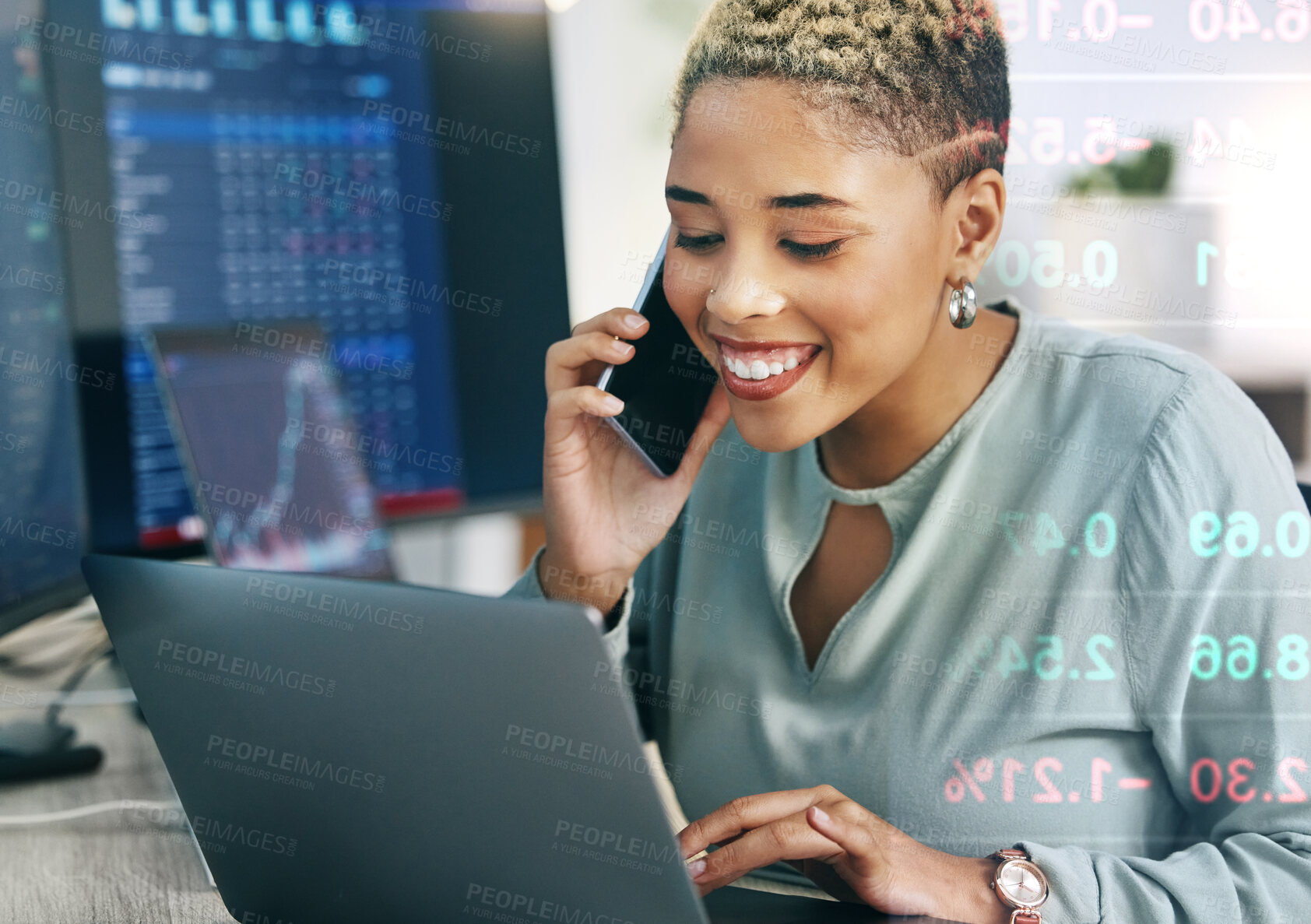 Buy stock photo Woman, phone with data overlay and laptop for cryptocurrency, networking and investment in cyber stocks. Nft, financial advisor or broker on cellphone for advice on profit, market and online trading.
