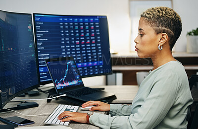 Buy stock photo Woman, typing on computer and trading in cryptocurrency, investment info or cyber stocks data. Nft, financial management and developer on software for online profit growth, market research or charts.