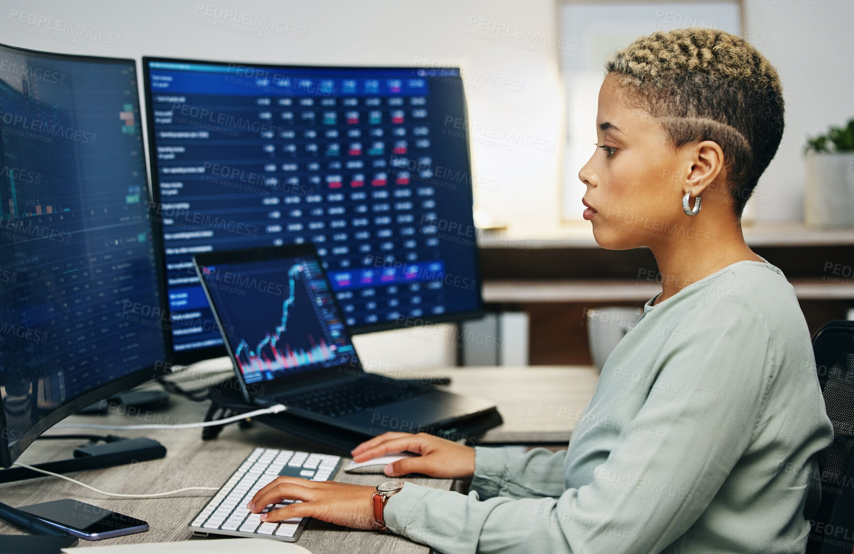Buy stock photo Woman, typing on computer and trading in cryptocurrency, investment info or cyber stocks data. Nft, financial management and developer on software for online profit growth, market research or charts.