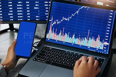 Buy stock photo Hands, laptop and phone screen mockup with data analytics, trading and graph with stock market information. Investment, trader person at desk with tech and finance statistics, dashboard and analysis