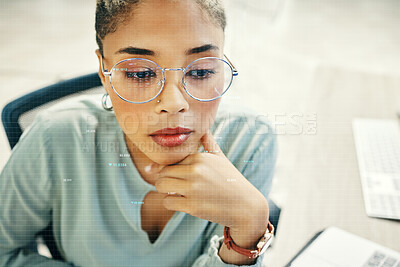 Buy stock photo Thinking, programmer and woman with code, reflection and connection with planning, stock market and investment. Person, trade and employee with glasses, hologram and overlay with data and finance