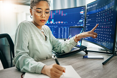 Buy stock photo Woman, computer screen and trading, writing notes from dashboard and financial information with investment. Stock market stats, finance and data analysis, cryptocurrency and trader with numbers chart
