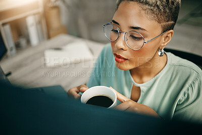 Buy stock photo Woman, computer and coffee for thinking, online research project or reading screen. Female employee, closeup and espresso to review work desktop in concentrate at business office, reflect or solution