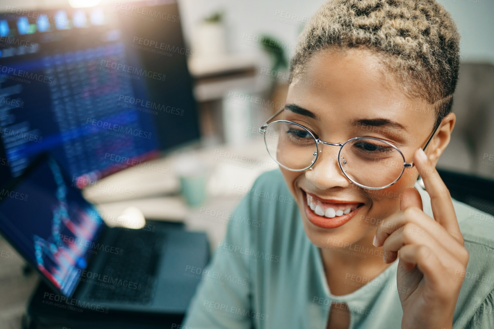 Buy stock photo Happy woman with glasses, computer and cyber data for crypto trading, online profit or analytics. Cryptocurrency, digital stocks and girl at desk with graphs, charts and software for investment stats