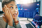 Computer, overlay and professional woman face stress over fintech company metrics, stock market crash or finance problem. Crypto crisis, grid mockup space and trader with financial trading mistake