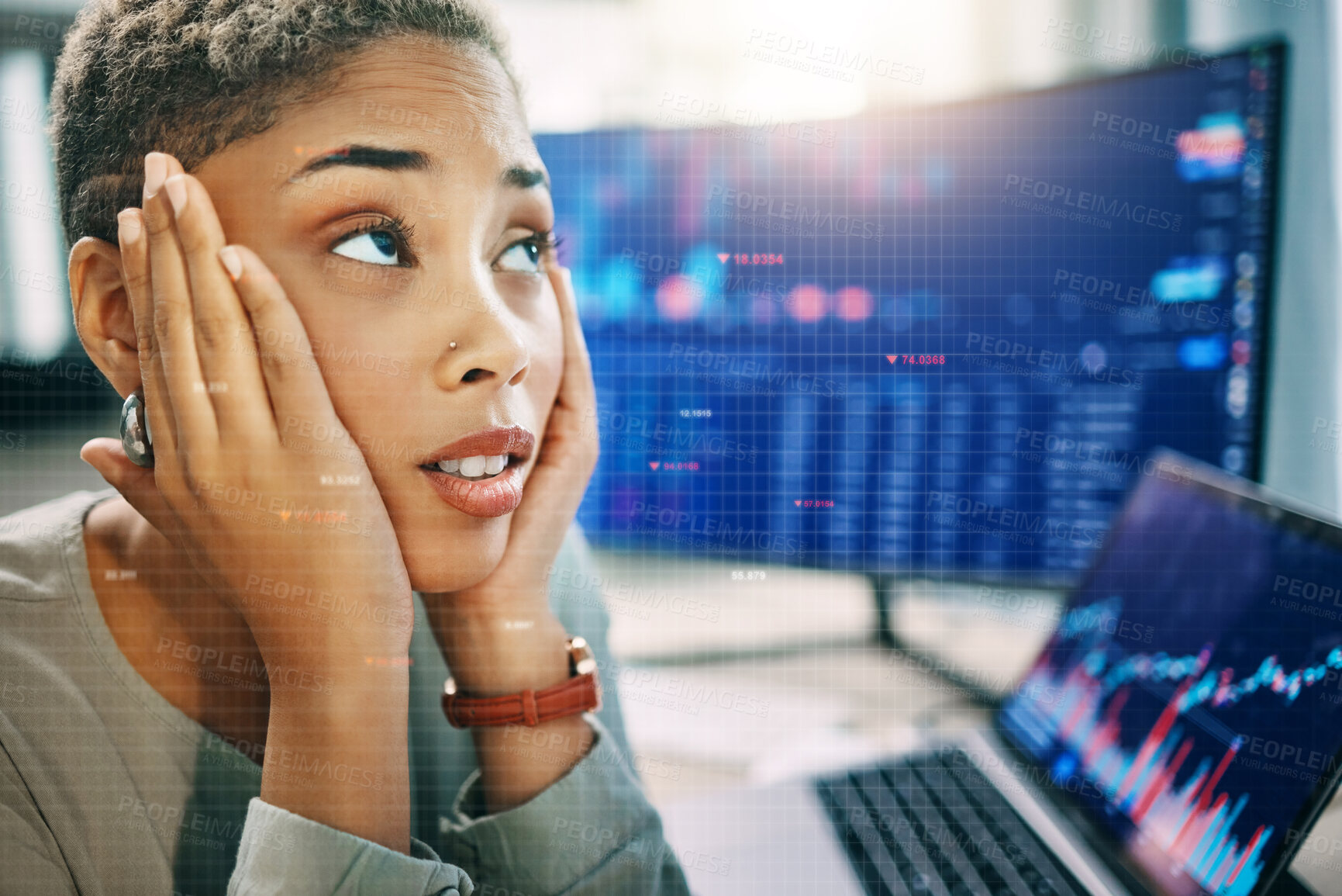 Buy stock photo Computer, overlay and professional woman face stress over fintech company metrics, stock market crash or finance problem. Crypto crisis, grid mockup space and trader with financial trading mistake