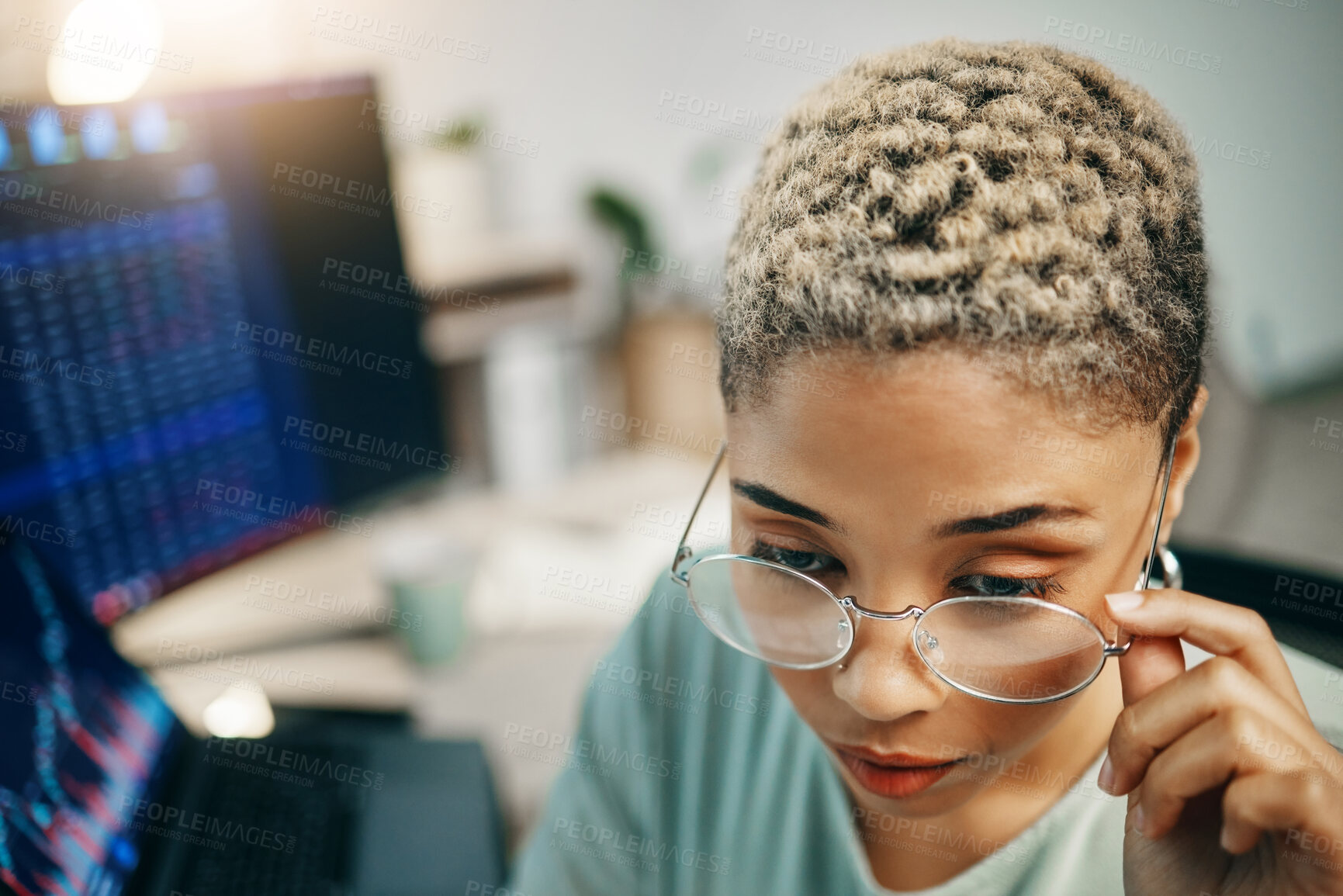 Buy stock photo Woman with glasses, thinking at computer and cyber security for crypto trading, online profit or analytics. Research, digital stocks and girl at desk with graphs, charts and software for investment.