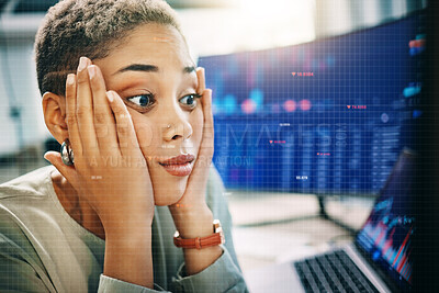 Buy stock photo Computer, overlay and business woman face stress over web cybersecurity risk, stock market crash or software error problem. Crypto fail, grid mockup space and trader reading financial trading mistake
