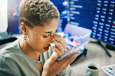 Buy stock photo Speaker phone call, headache and business woman frustrated over investment mistake, debt or accounting problem. Voice note, cellphone audio recording and depressed broker talking about trading error