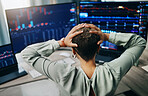 Computer, graphs and business person stress over data analysis error, economy investment numbers or finance problem. Cryptocurrency crisis, frustrated and back of broker with online trading mistake