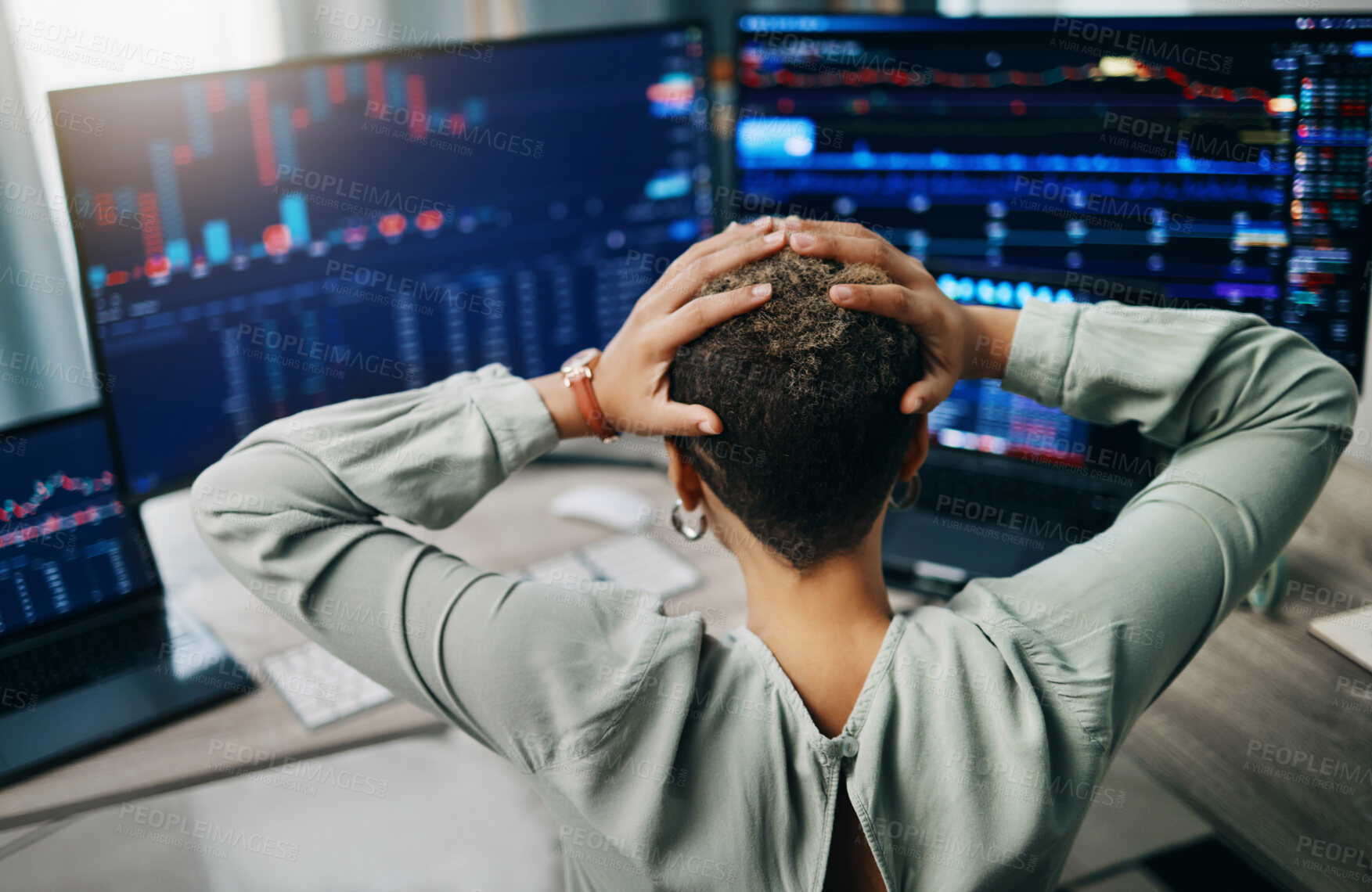 Buy stock photo Computer, graphs and business person stress over data analysis error, economy investment numbers or finance problem. Cryptocurrency crisis, frustrated and back of broker with online trading mistake