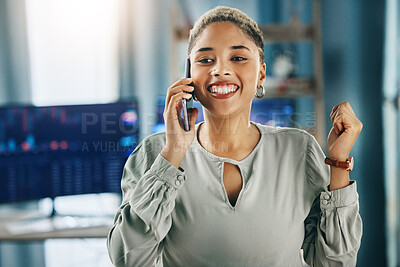 Buy stock photo Woman, phone call and programmer with celebration, investment and connection with conversation. Person, employee and trader with cellphone, achievement and digital app with bonus, savings and profit