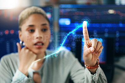 Buy stock photo Woman with finger on increase graph, hologram for financial growth and crypto profit in office. Virtual data, touch and girl in cyber trading with hand on investment development, info and stock trend