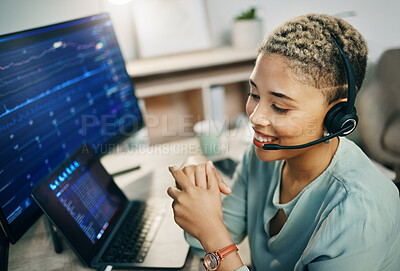Buy stock photo Woman, online trading and call center, finance with advice and computer screen, financial investment and communication. Headset, microphone and business with laptop, agent at desk with stock market