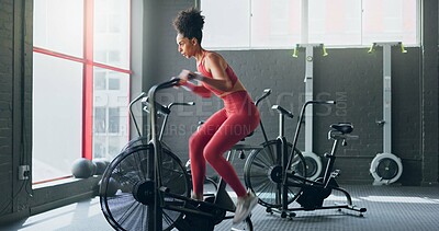 Buy stock photo Woman, cycling and training for fitness in gym with thinking, steps and vision for health, wellness and exercise. Girl, bike and spin class with workout, ideas or endurance with cardio to lose weight