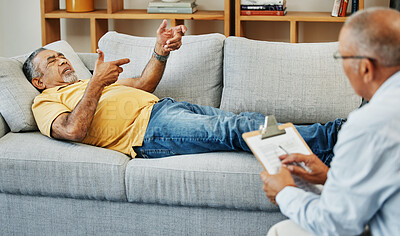 Buy stock photo Old man, psychologist counseling and sofa with trauma stress or mental health, violence or depressed. Elderly veteran, therapist and support or helping advice, talking or anxiety, problem or fear