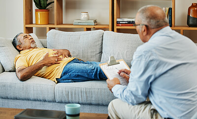 Buy stock photo Old man, mental health and psychologist on sofa or 
counseling with anxiety, stress or depression. Elderly person, therapist or support helping advice, talking or results, problem or sad in office