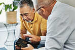 Men, home and bible with counselling on faith, worship and prayer with pastor, church or christ. Elderly men, diversity and spiritual guidance for grief with loss and depression with hope in jesus