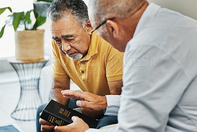 Buy stock photo Men, home and bible with counselling on faith, worship and prayer with pastor, church or christ. Elderly men, diversity and spiritual guidance for grief with loss and depression with hope in jesus