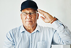 Old man, salute and portrait for veteran soldier on white background for gratitude, pride or respect. Elderly male, army hero power and military or hand gesture for patriotic courage, war or service