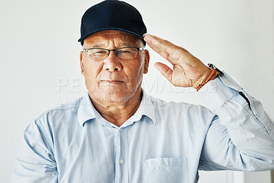 Buy stock photo Old man, salute and portrait for veteran soldier on white background for gratitude, pride or respect. Elderly male, army hero power and military or hand gesture for patriotic courage, war or service