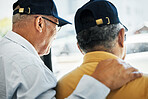 Elderly friends, men and looking out window, hugging with smile, peace and together in retirement home. Old people, care and happiness with thoughts of future, relaxation and vision with conversation