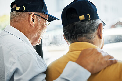 Buy stock photo Elderly friends, men and looking out window, hugging with smile, peace and together in retirement home. Old people, care and happiness with thoughts of future, relaxation and vision with conversation