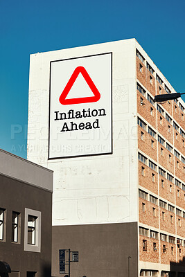 Buy stock photo City, building and warning of inflation, caution and price increase, cost or expenses. Economy recession, apartment billboard and banner in urban town for finance crisis, problem or advertising sign