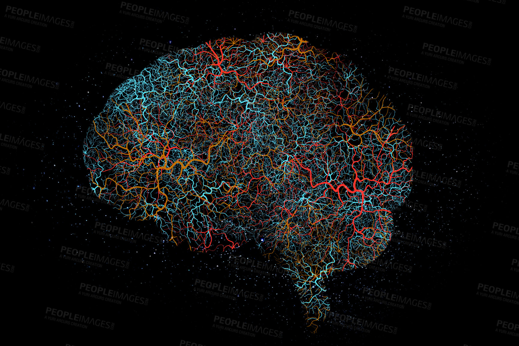 Buy stock photo Brain graphic, neon neuro pattern and digital illustration with science hologram and mind connections. Black background and neuroscience pathway of intelligence, anatomy system and cerebral lines