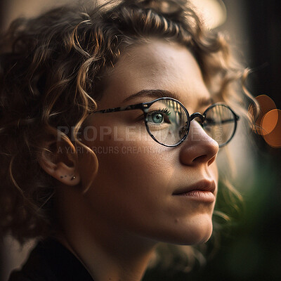 Buy stock photo Thinking, face and woman with glasses in city on winter morning walk for memory, idea or reflection lights. Urban bokeh, insight and relax in thought, ai generated girl on street adventure for travel