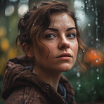 Natural, real person portrait and closeup of a woman, girl or female outside in nature or a forest. Artistic, edgy and cute or pretty face - AI generated