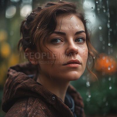 Buy stock photo Water drops, face and nature, woman in rain on winter walk thinking of weather and outdoor hiking adventure. Trekking, insight and bokeh, serious ai generated young girl in woods in evening storm