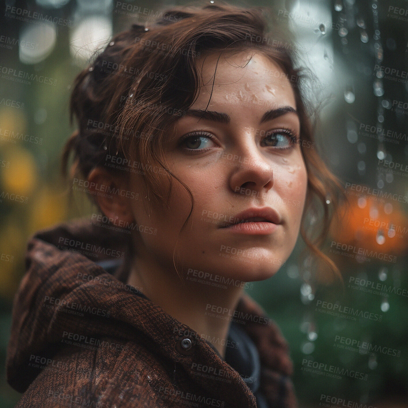 Buy stock photo Water drops, face and nature, woman in rain on winter walk thinking of weather and outdoor hiking adventure. Trekking, insight and bokeh, serious ai generated young girl in woods in evening storm