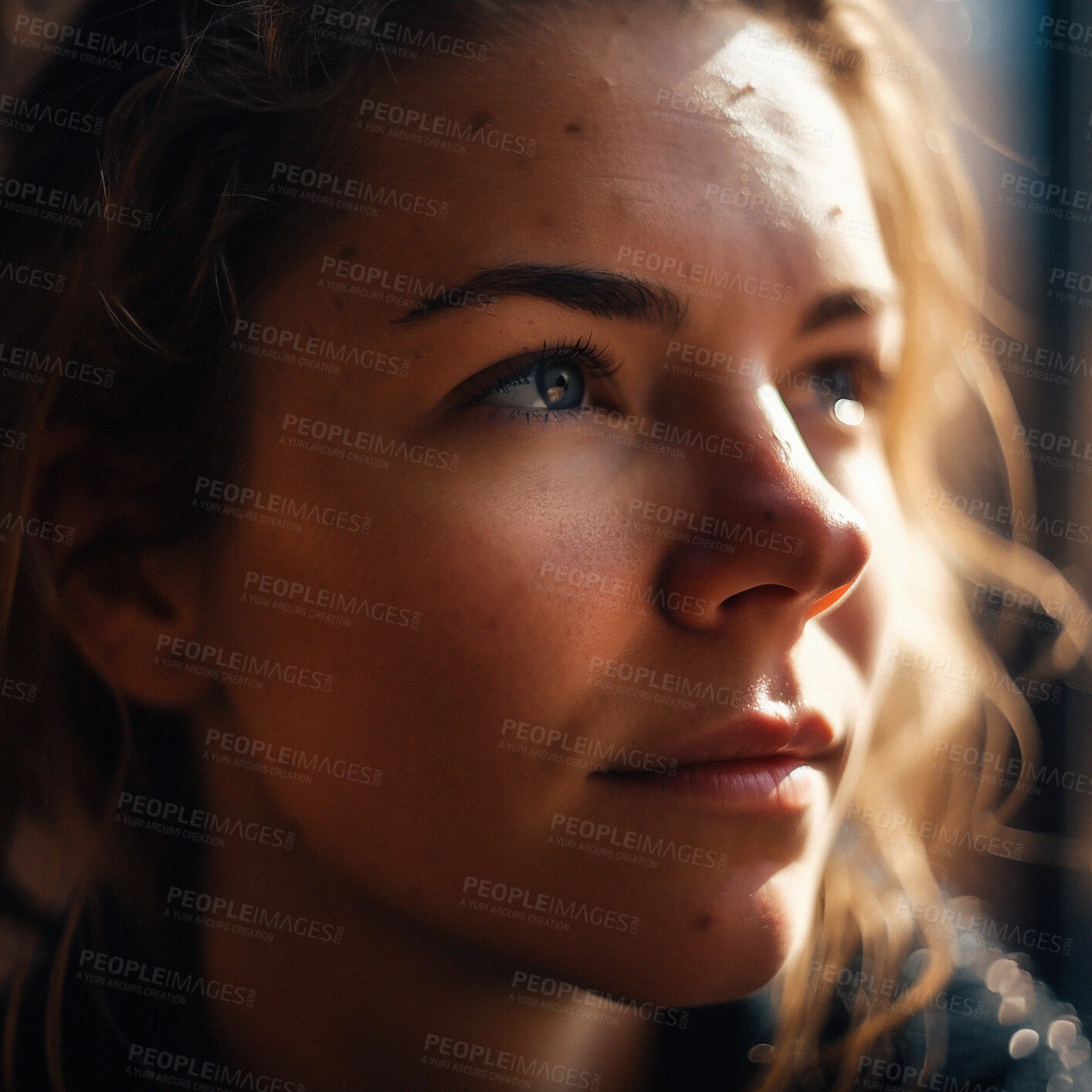 Buy stock photo Thinking, face and nature, woman in sun looking at light and relax on outdoor hiking adventure. Trekking, insight and bokeh, boho beauty and serious ai generated girl in summer woods in reflection.