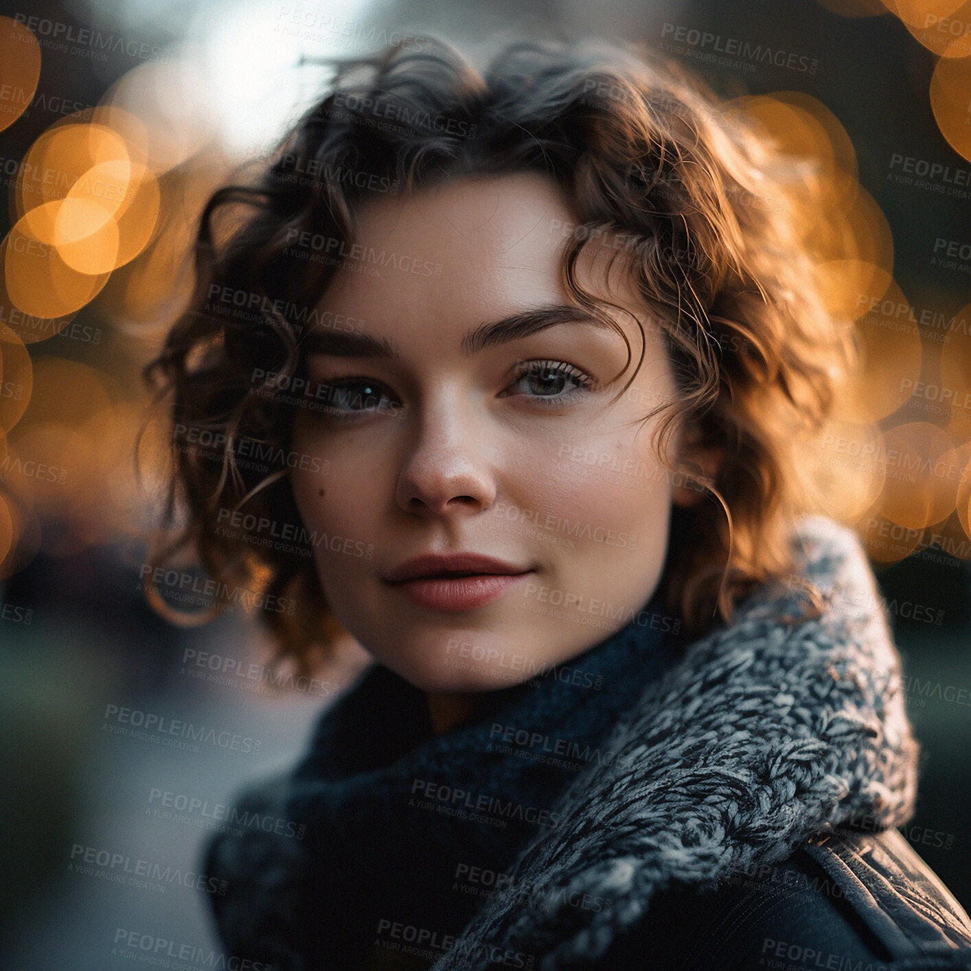 Buy stock photo Portrait, bokeh and woman in city lights on winter evening, walk with smile and blurred background. Urban boho, insight and relax in beauty, ai generated girl on outdoor adventure travel to remember