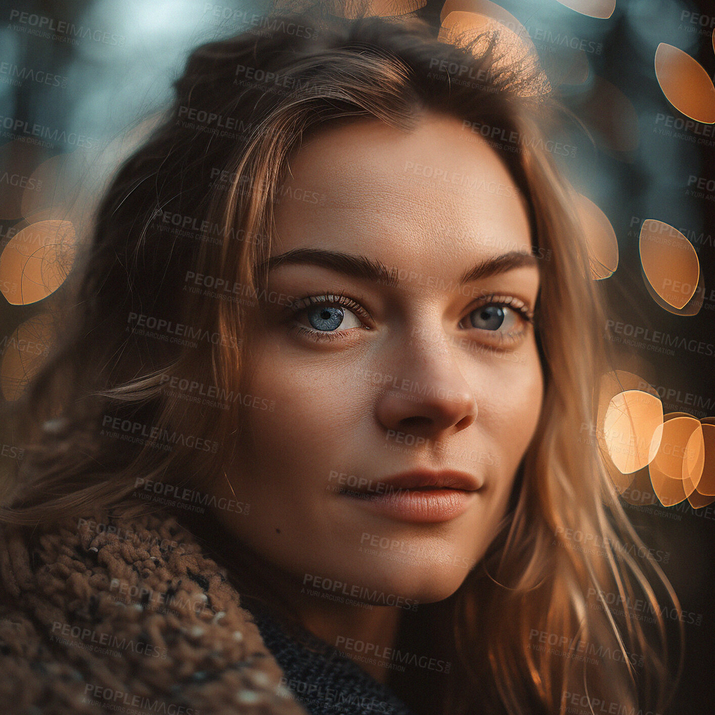 Buy stock photo Portrait, bokeh and girl in city at night on winter walk with lights, UK freedom and peace. Urban boho, beauty and relax, face of ai generated woman on travel adventure on London street in evening.