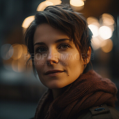 Buy stock photo Portrait, bokeh and face of happy woman in city on winter evening walk in memory, idea or reflection. Urban, insight and relax in thought, ai generated girl on outdoor adventure to remember or travel