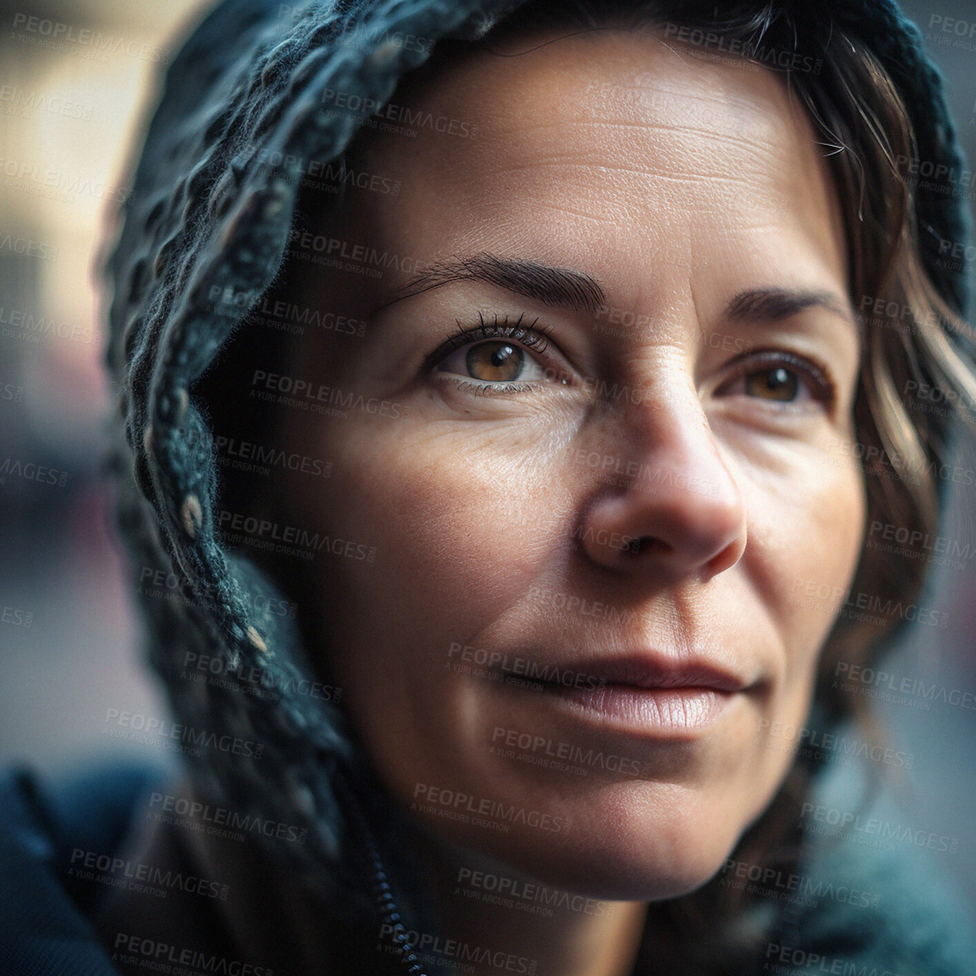 Buy stock photo Thinking, face and woman in city on winter morning walk for memory, idea or reflection in rain. Urban boho, insight and relax in thought, ai generated girl on outdoor adventure to remember or travel