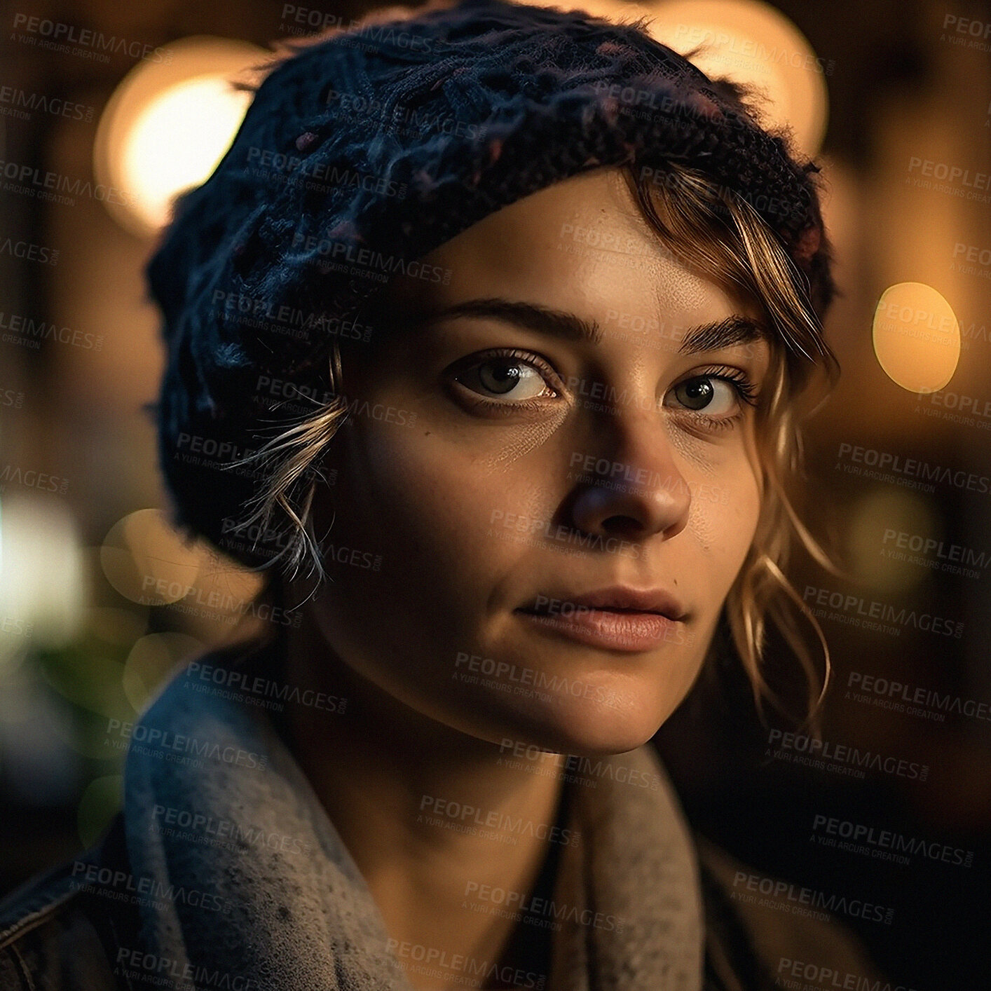 Buy stock photo Portrait, bokeh and woman in city at night on winter walk with lights, UK freedom and peace. Urban boho, beauty and relax, face of ai generated girl on travel adventure on London street in evening.