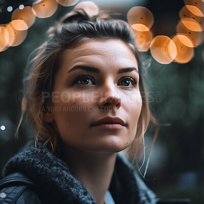 Buy stock photo Thinking, bokeh and face of girl in city on winter morning walk for memory, idea or reflection. Urban boho, insight and relax in thought, ai generated woman on outdoor adventure to remember or travel