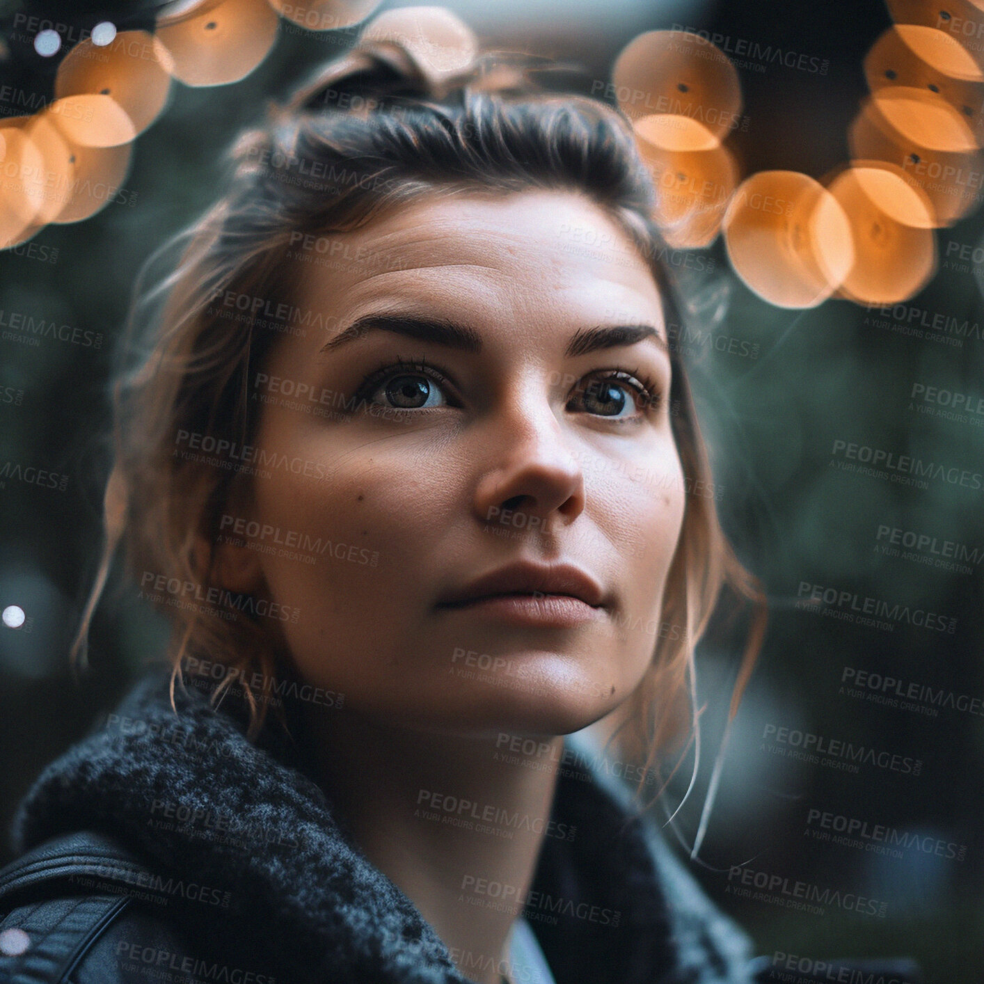 Buy stock photo Thinking, bokeh and face of girl in city on winter morning walk for memory, idea or reflection. Urban boho, insight and relax in thought, ai generated woman on outdoor adventure to remember or travel