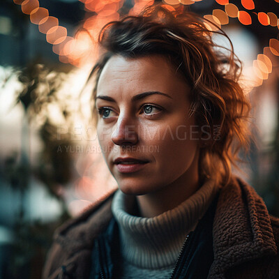 Buy stock photo Thinking, bokeh and woman in city light on winter evening walk for memory, idea or reflection. Urban boho, insight and relax in thought, ai generated girl on outdoor adventure to remember or travel