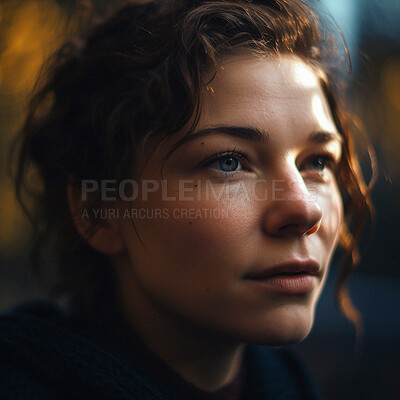 Buy stock photo Thinking, bokeh and face of woman on urban winter morning walk with memory, idea or reflection. Urban boho, insight and relax in thought, ai generated girl on outdoor adventure to remember or travel