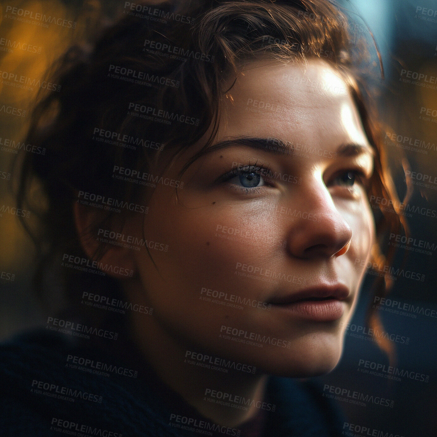 Buy stock photo Thinking, bokeh and face of woman on urban winter morning walk with memory, idea or reflection. Urban boho, insight and relax in thought, ai generated girl on outdoor adventure to remember or travel